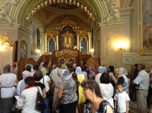 Pilgrims attenting Divine Liturgy in Hoshiv where the famous icon of the Mother of Hoshiv is (many miracles and graces have occurred)